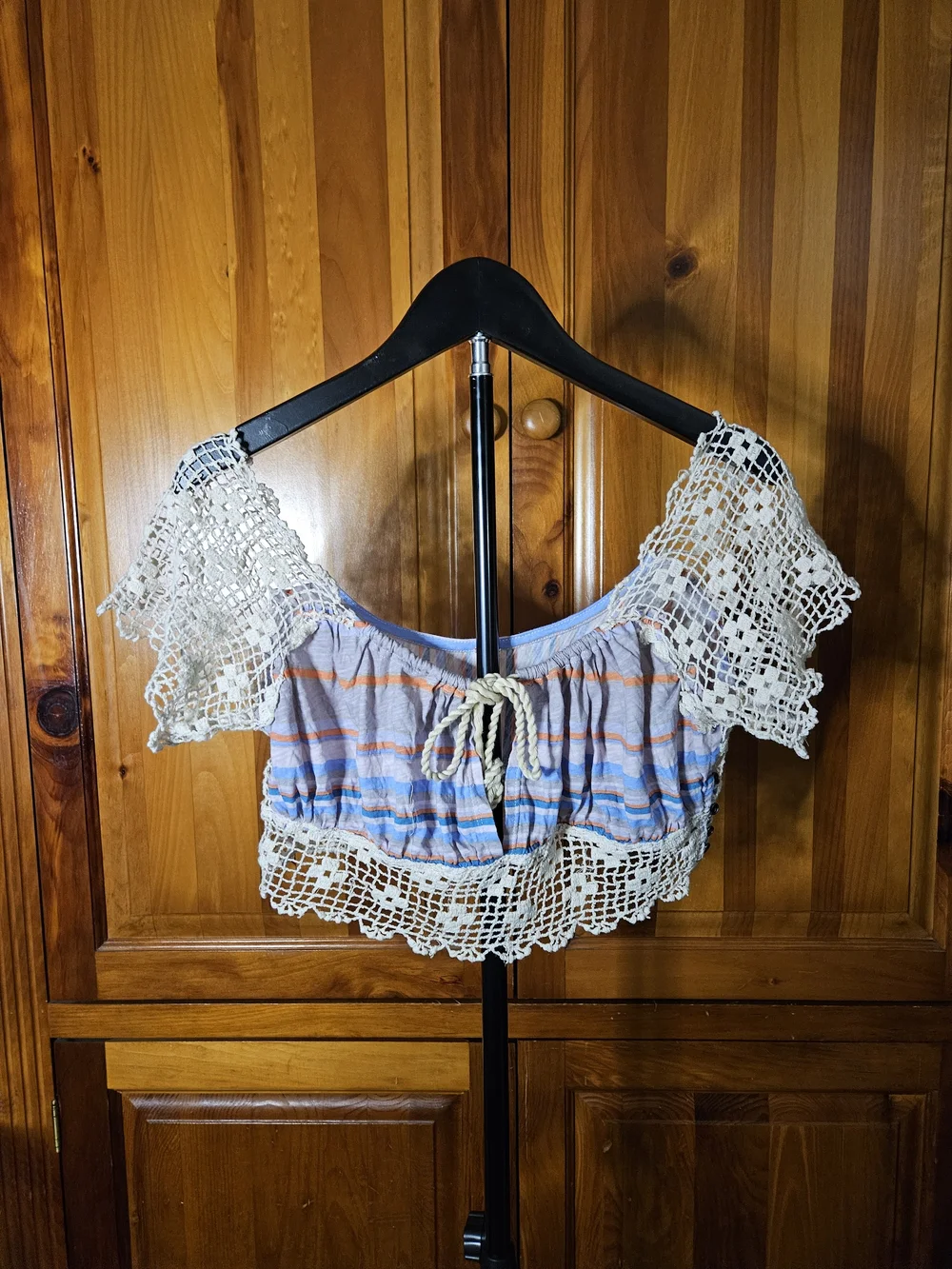 Free People Crochet-Trim Striped Crop Top - Cream and Pastel